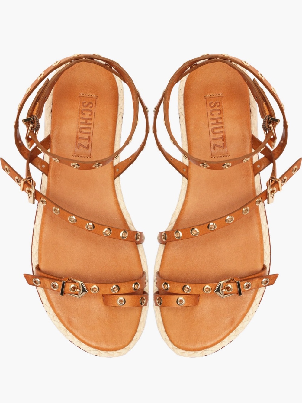 SCHUTZ Cognac Leather Studded Ankle-Strap Sandals